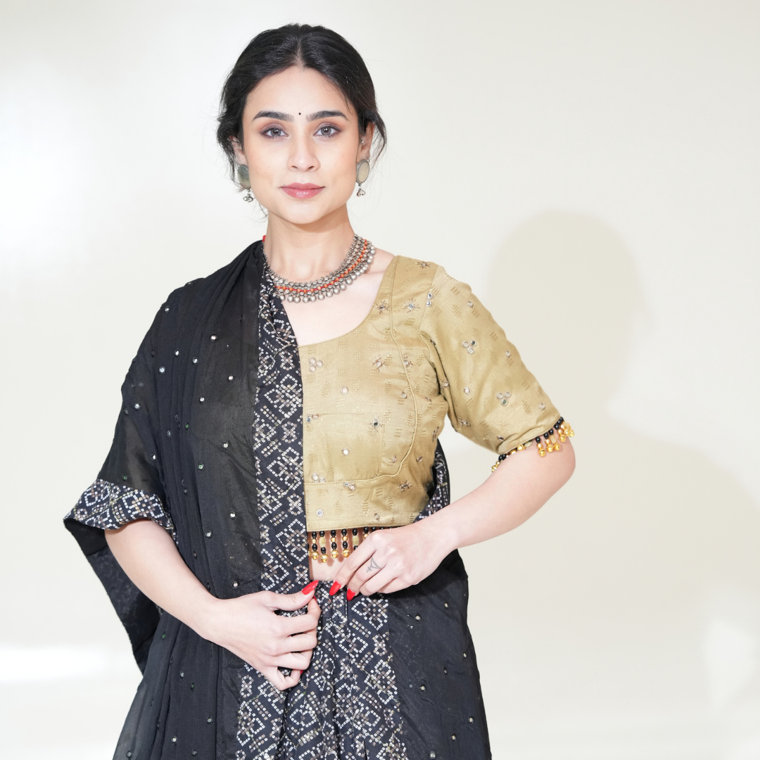 Black Geometric-Pattern Lehenga with Gold-Toned Blouse