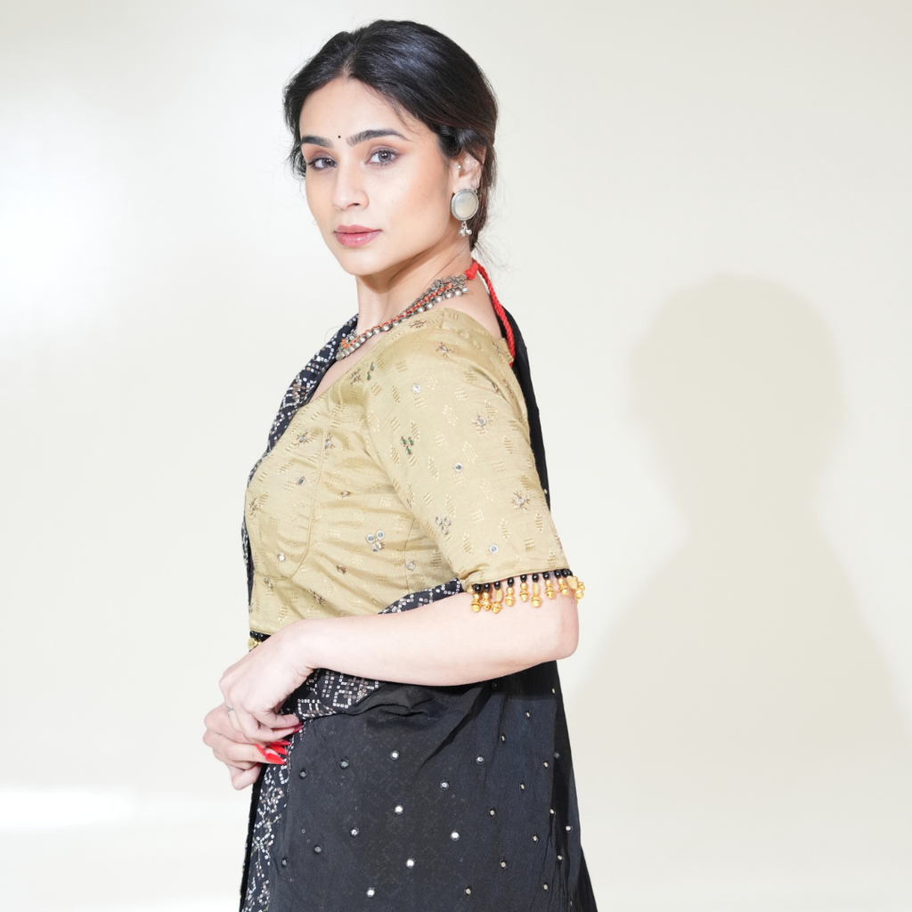 Black Geometric-Pattern Lehenga with Gold-Toned Blouse