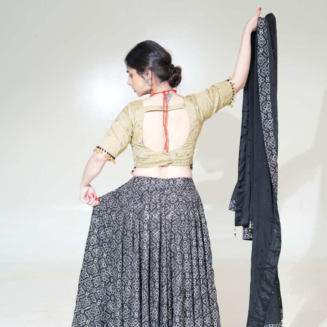 Black Geometric-Pattern Lehenga with Gold-Toned Blouse