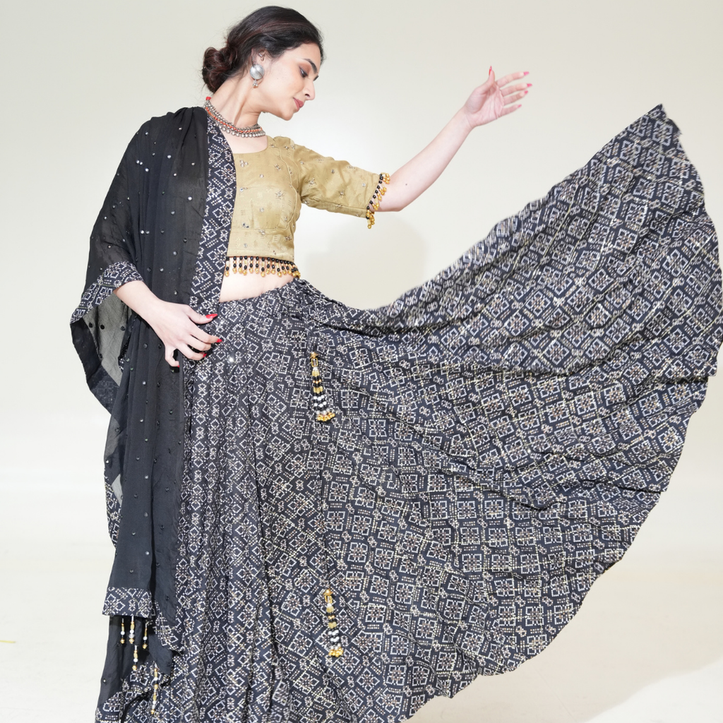 Black Geometric-Pattern Lehenga with Gold-Toned Blouse