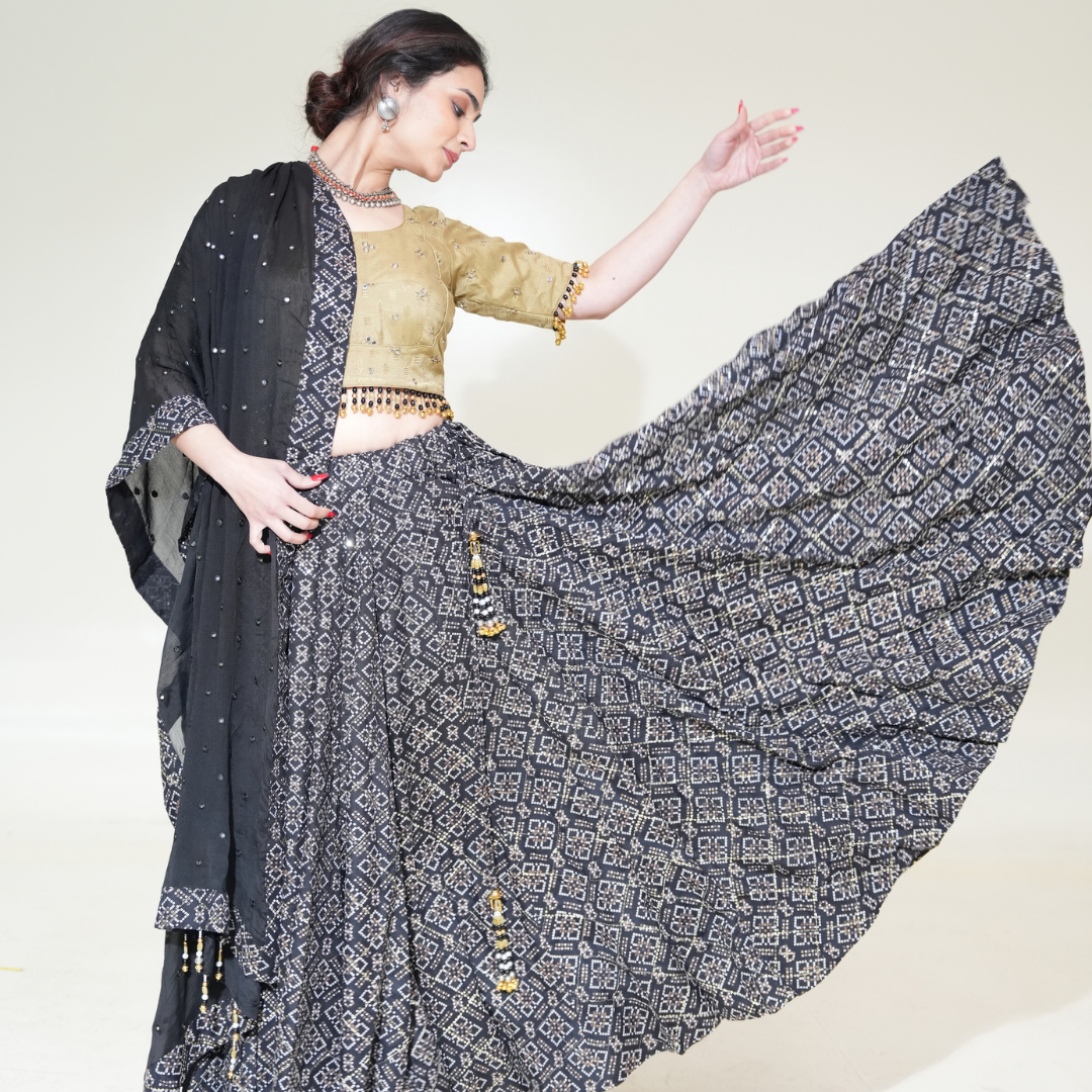 Black Geometric-Pattern Lehenga with Gold-Toned Blouse