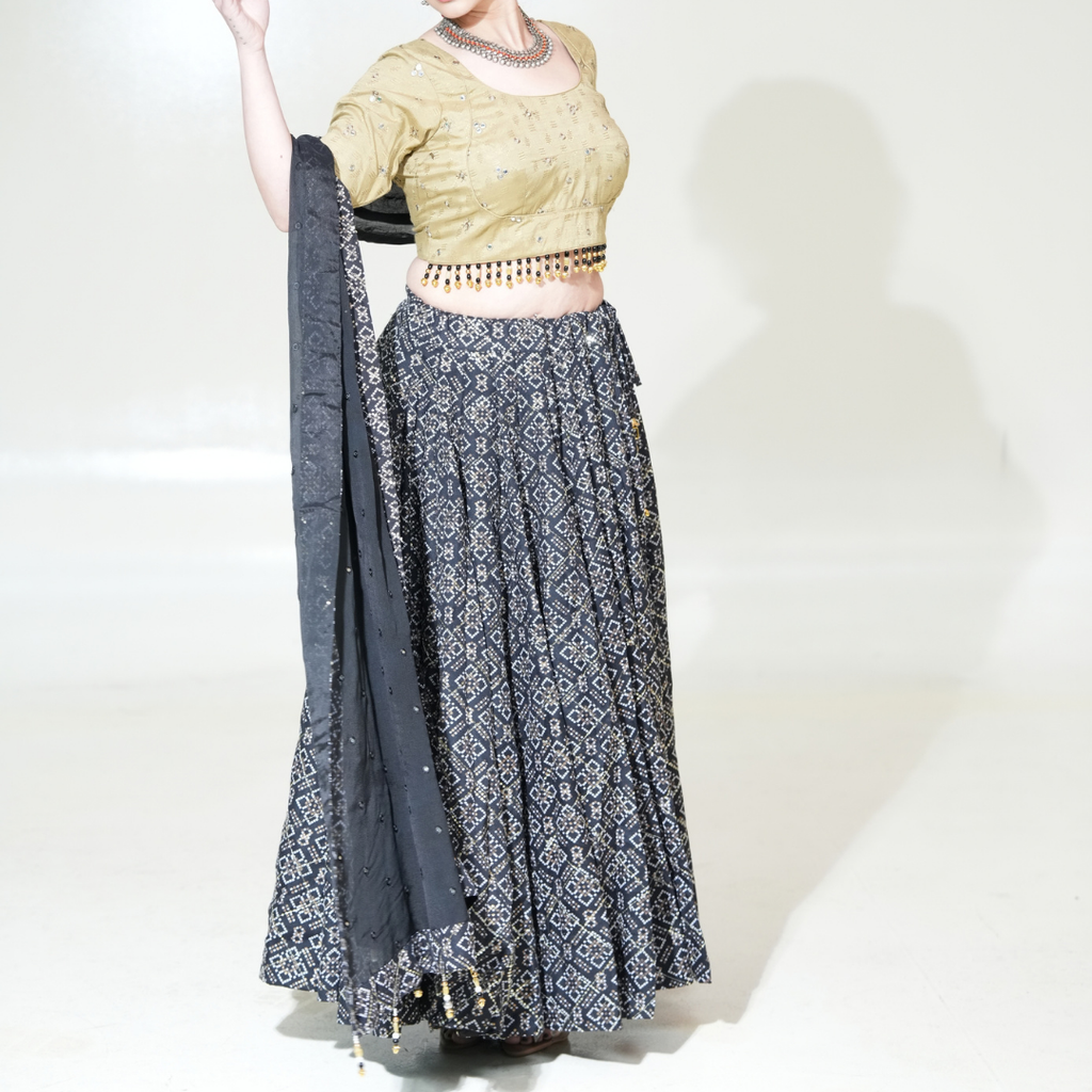 Black Geometric-Pattern Lehenga with Gold-Toned Blouse