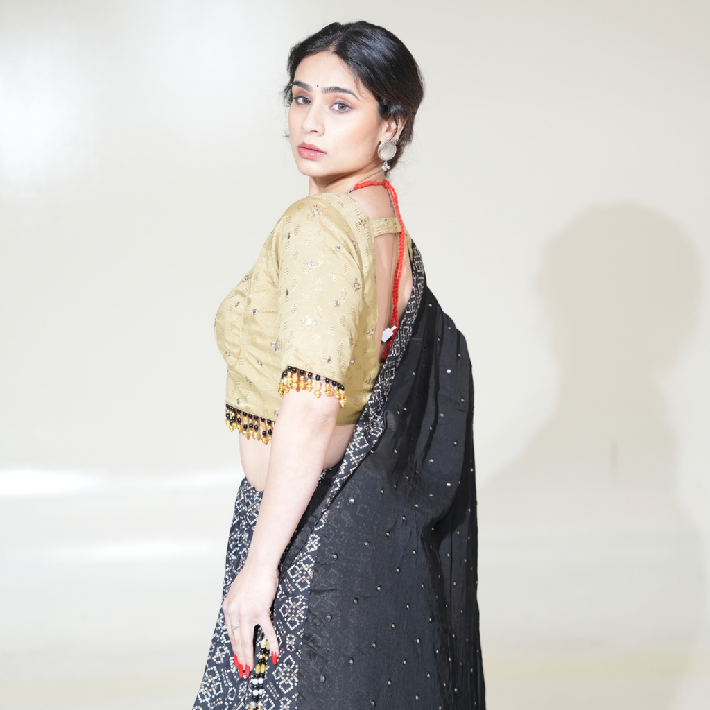 Black Geometric-Pattern Lehenga with Gold-Toned Blouse