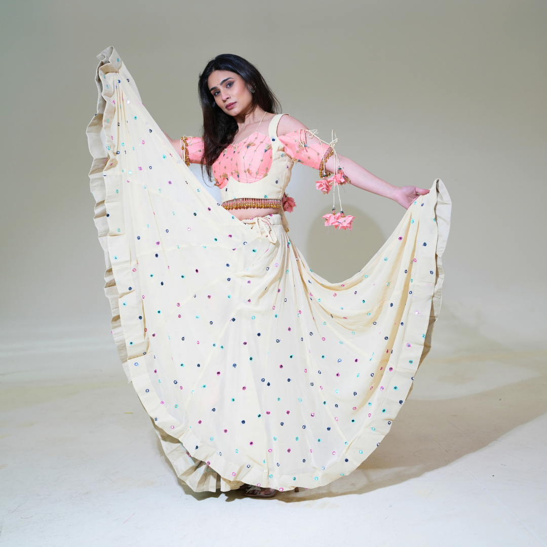 Ivory Lehenga with Pink Blouse & Dupatta