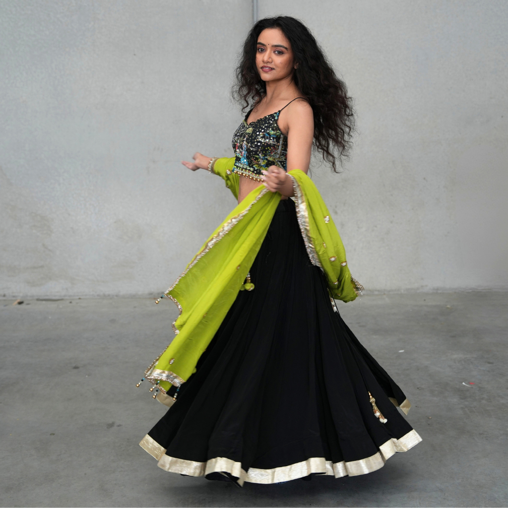 Black Lehenga with Embellished Blouse & Lime Green Dupatta