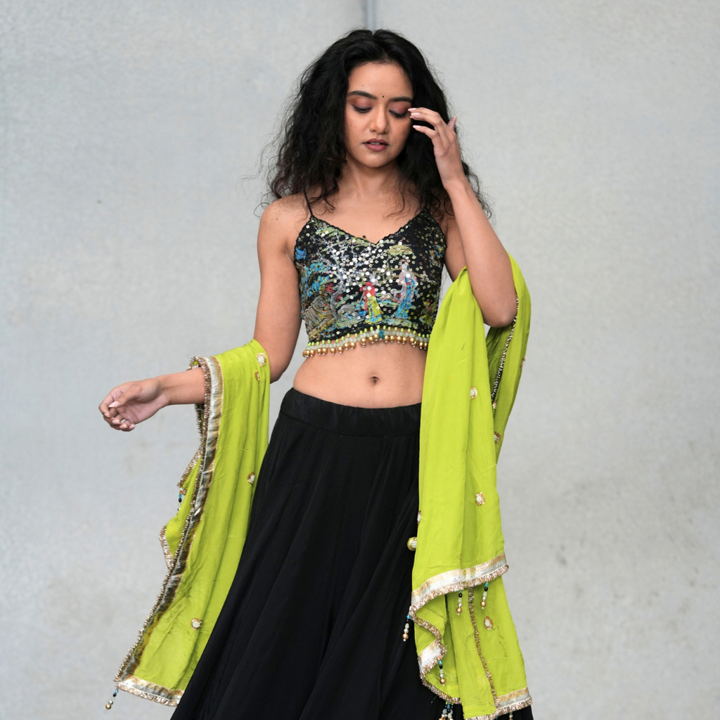 Black Lehenga with Embellished Blouse & Lime Green Dupatta