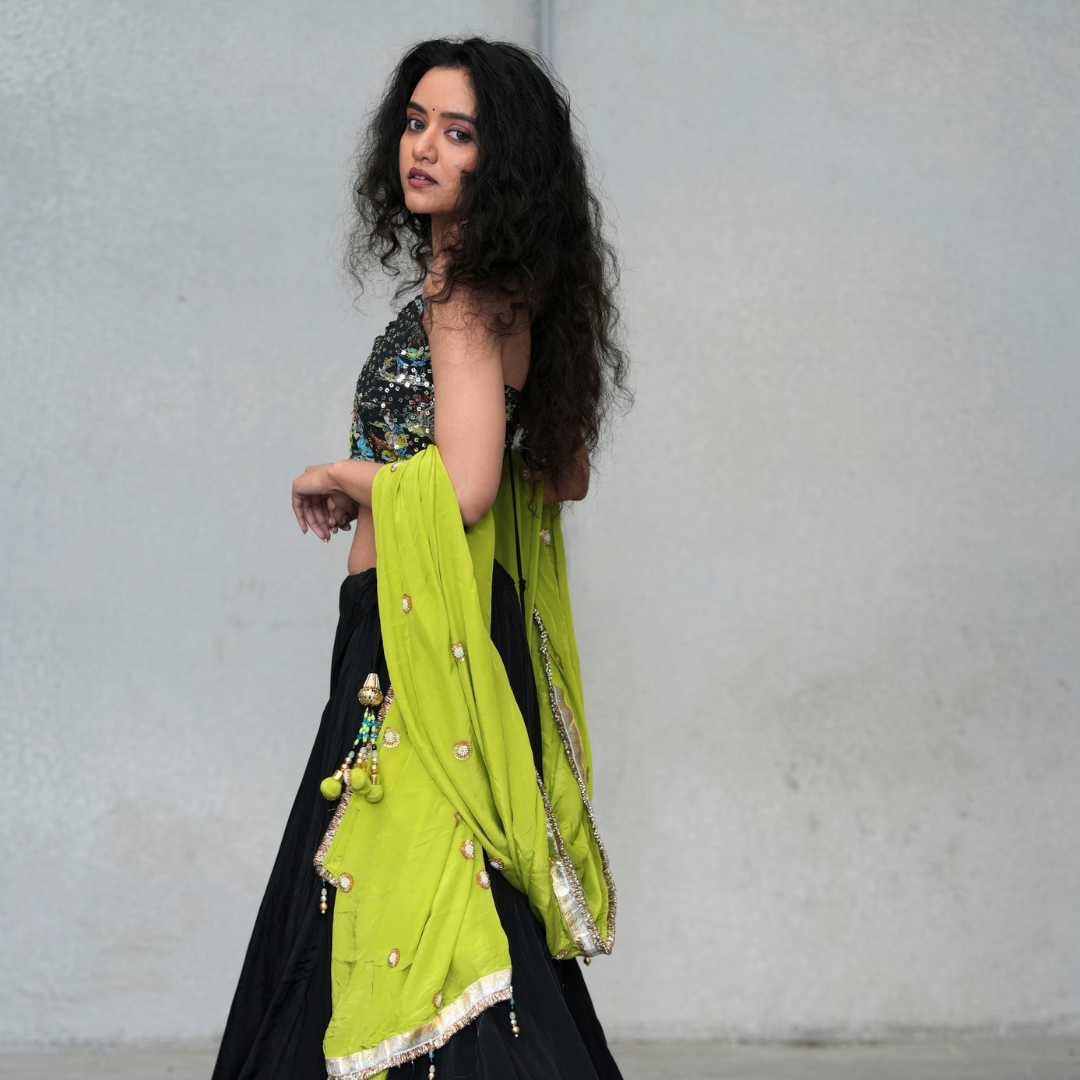 Black Lehenga with Embellished Blouse & Lime Green Dupatta