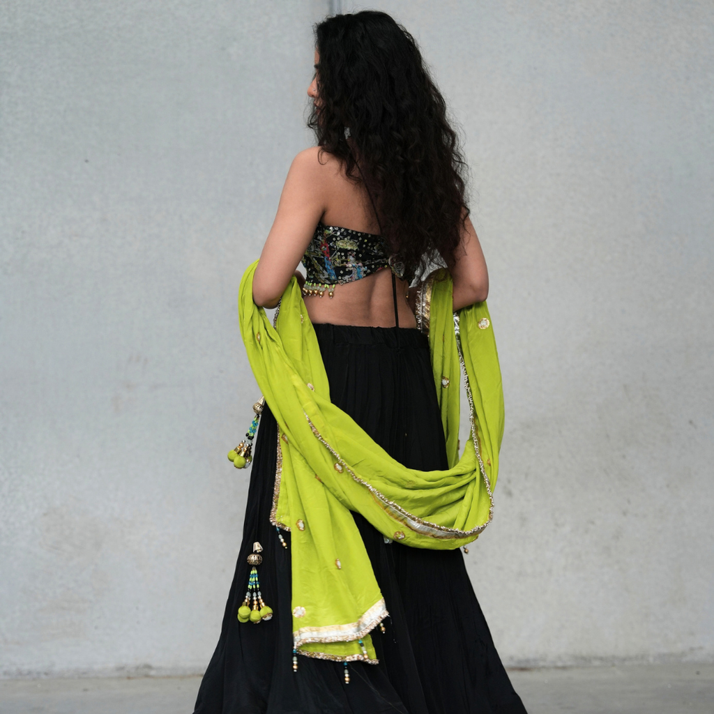 Black Lehenga with Embellished Blouse & Lime Green Dupatta