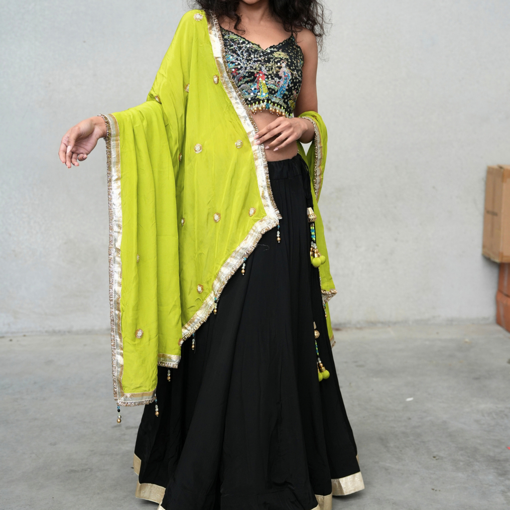 Black Lehenga with Embellished Blouse & Lime Green Dupatta