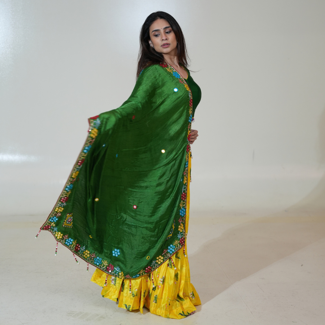 Yellow Floral Lehenga with Green Blouse & Dupatta