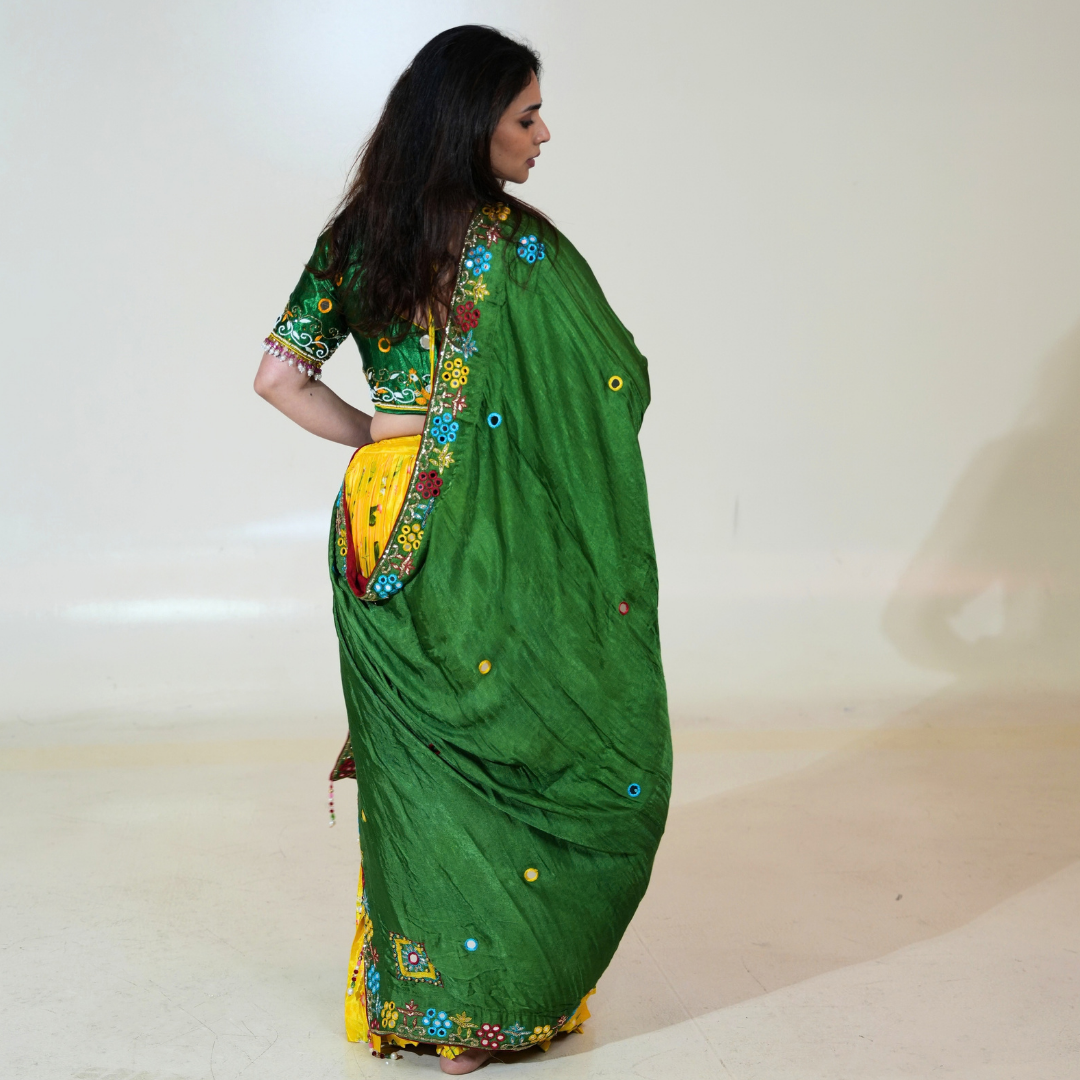 Yellow Floral Lehenga with Green Blouse & Dupatta