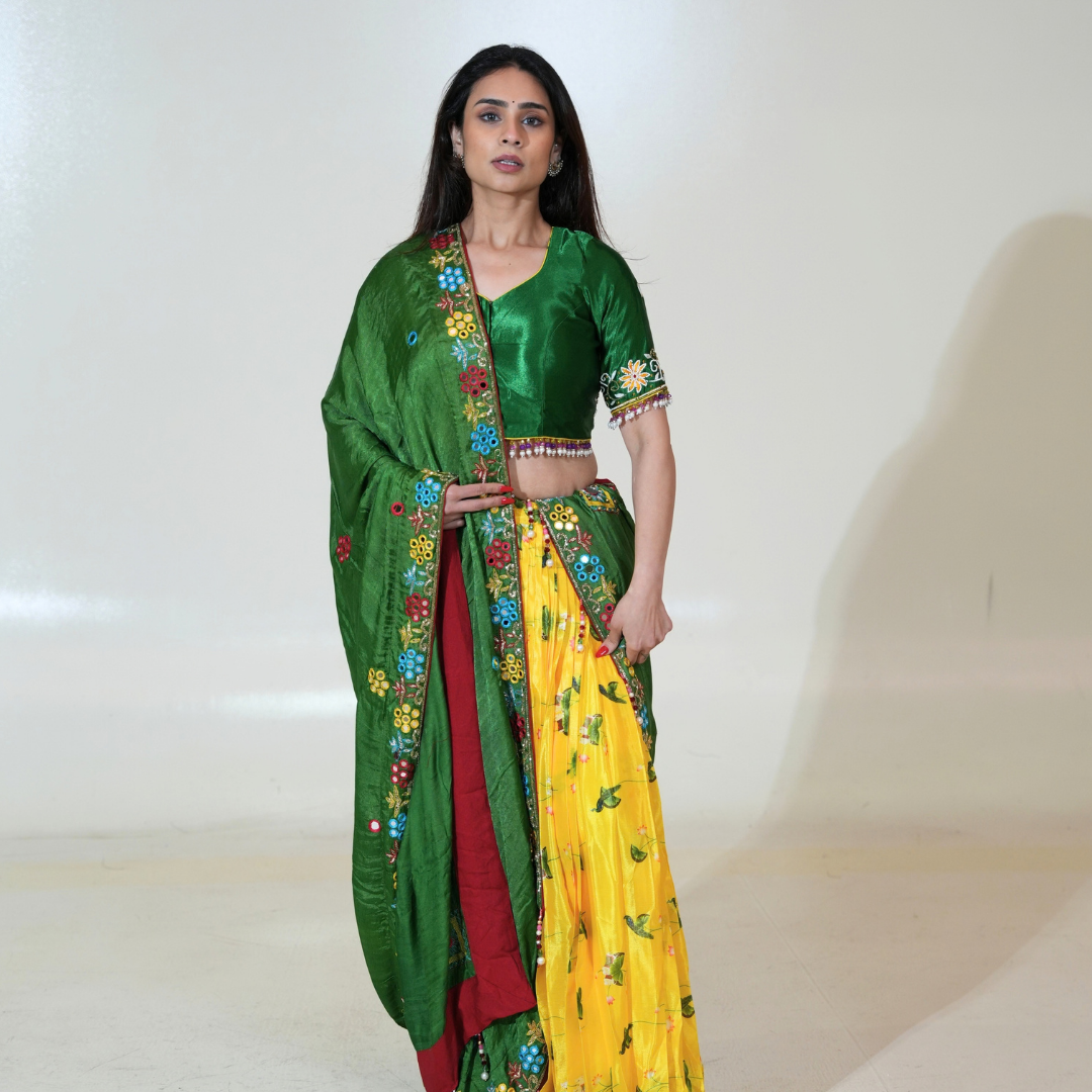 Yellow Floral Lehenga with Green Blouse & Dupatta
