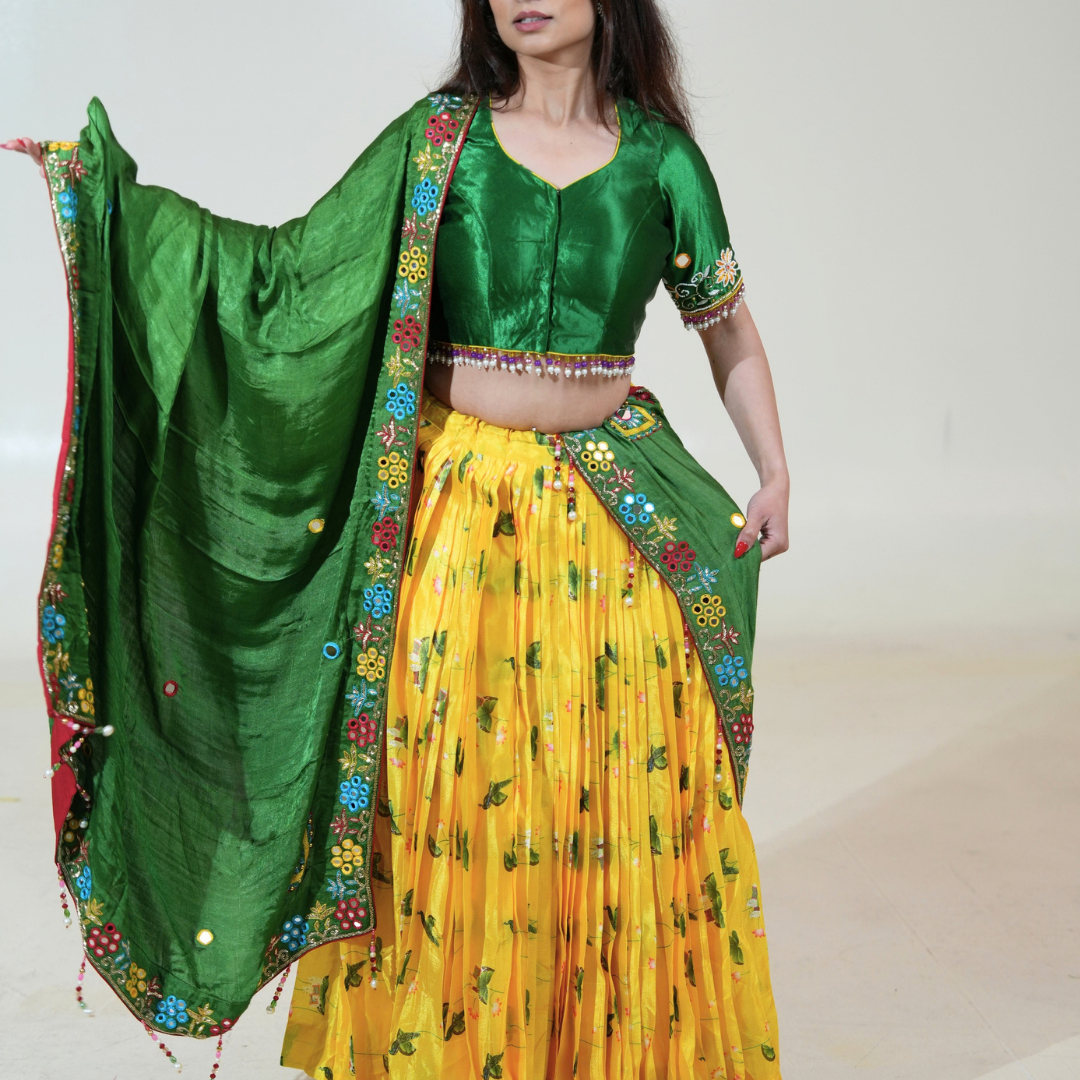 Yellow Floral Lehenga with Green Blouse & Dupatta