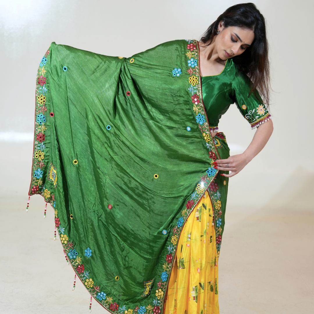 Yellow Floral Lehenga with Green Blouse & Dupatta