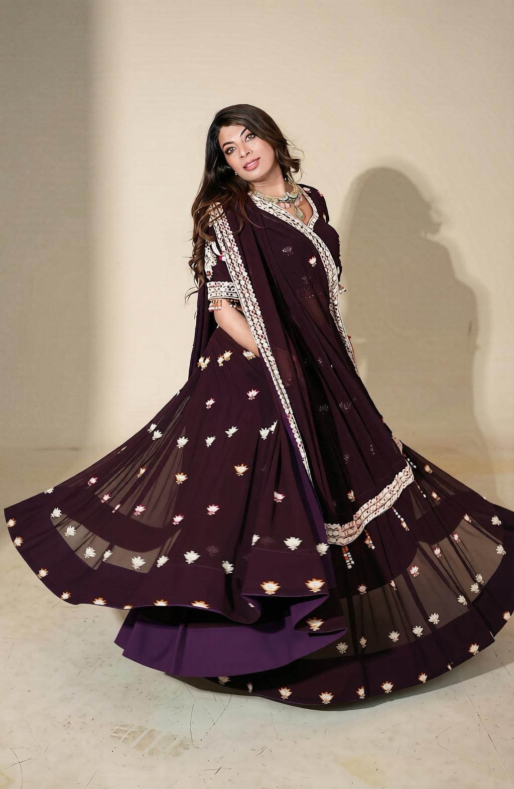 Deep Plum Lehenga with Floral Motifs & Decorative Dupatta