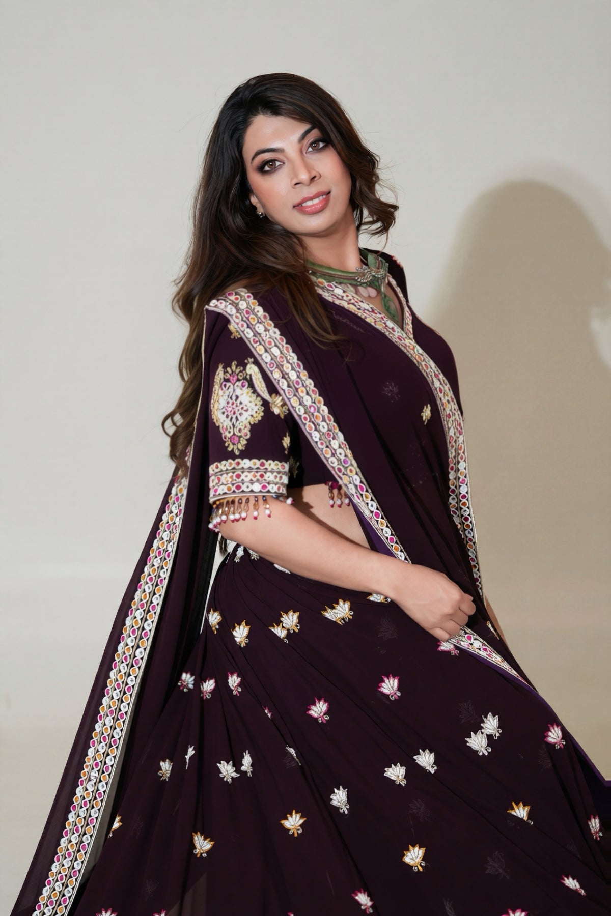Deep Plum Lehenga with Floral Motifs & Decorative Dupatta