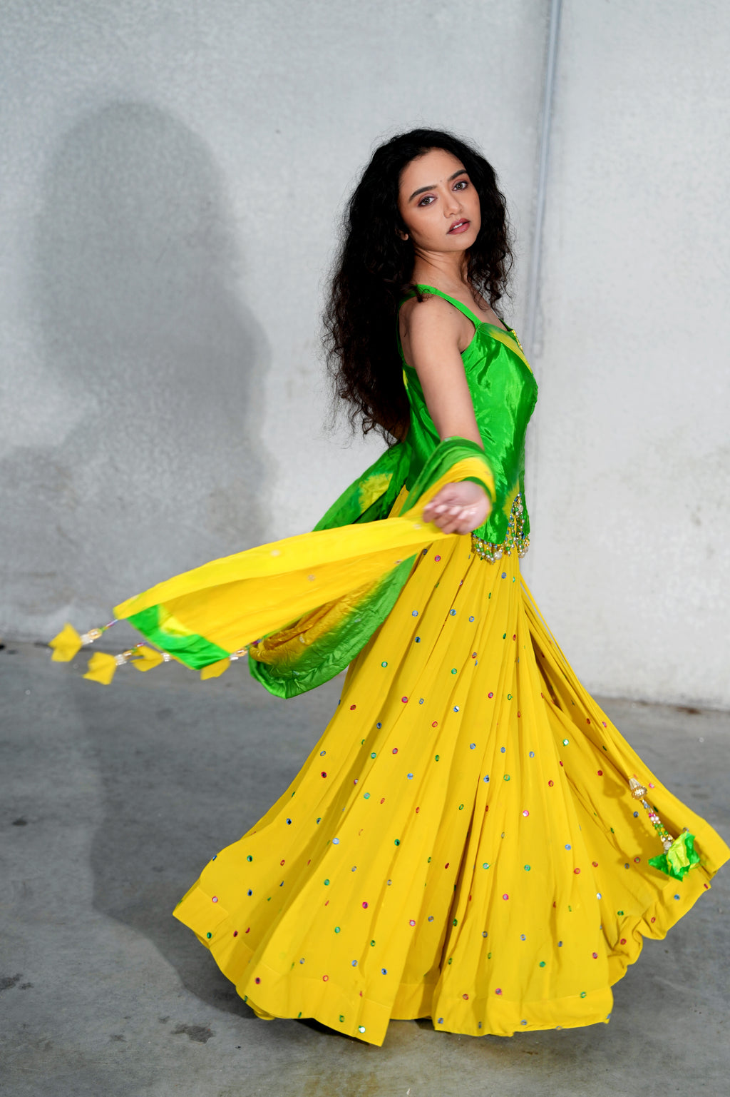 Sunshine Yellow Lehenga with Green Corset-Style Blouse