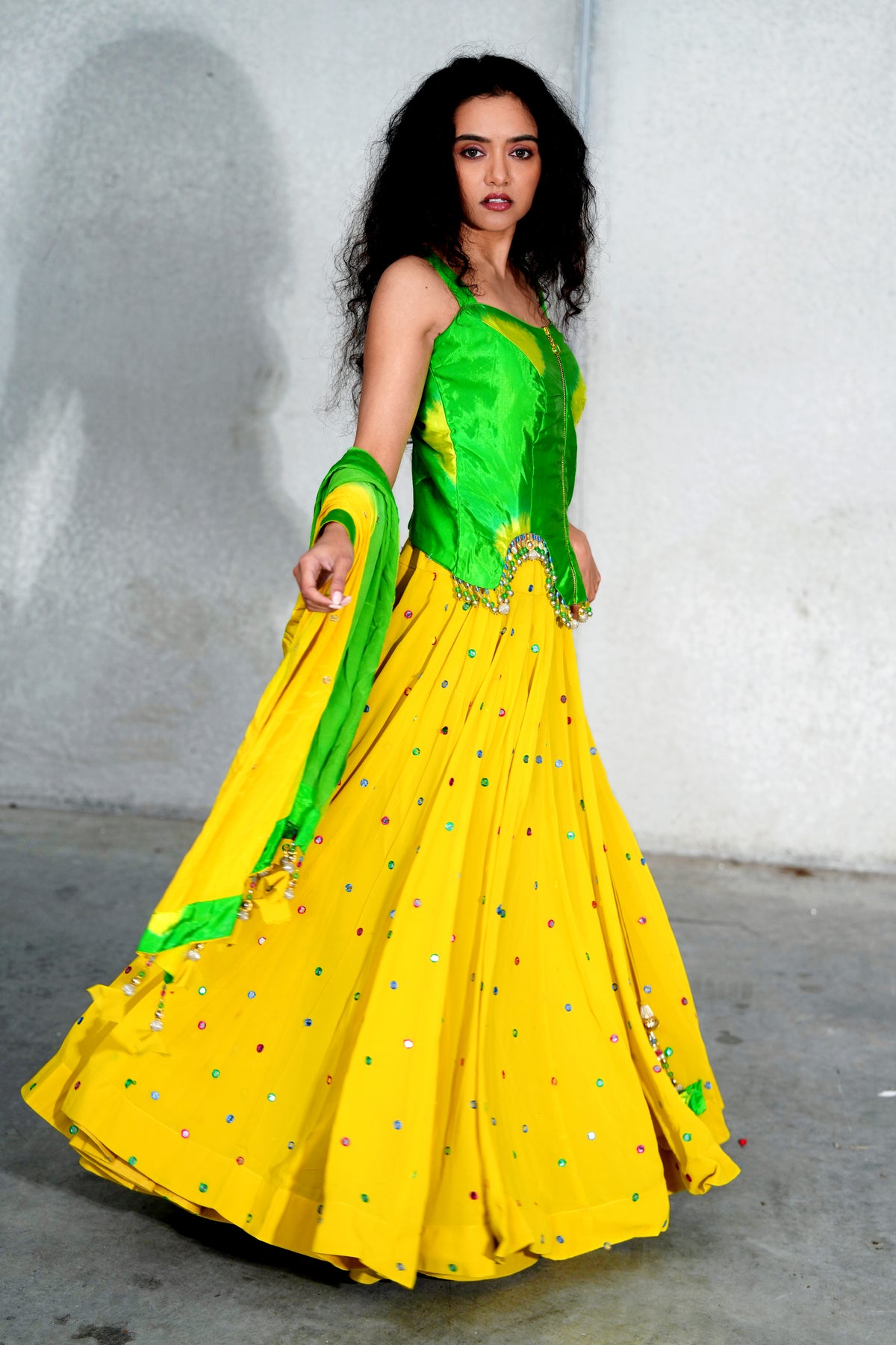 Sunshine Yellow Lehenga with Green Corset-Style Blouse
