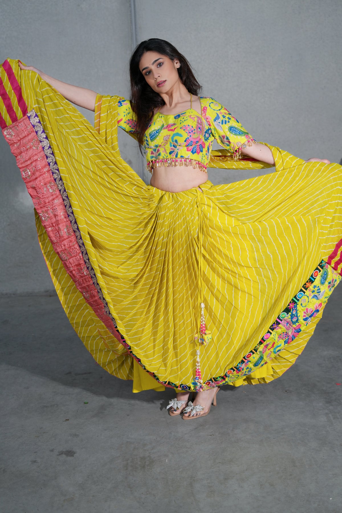 Yellow Striped Lehenga with Multicoloured Printed Blouse
