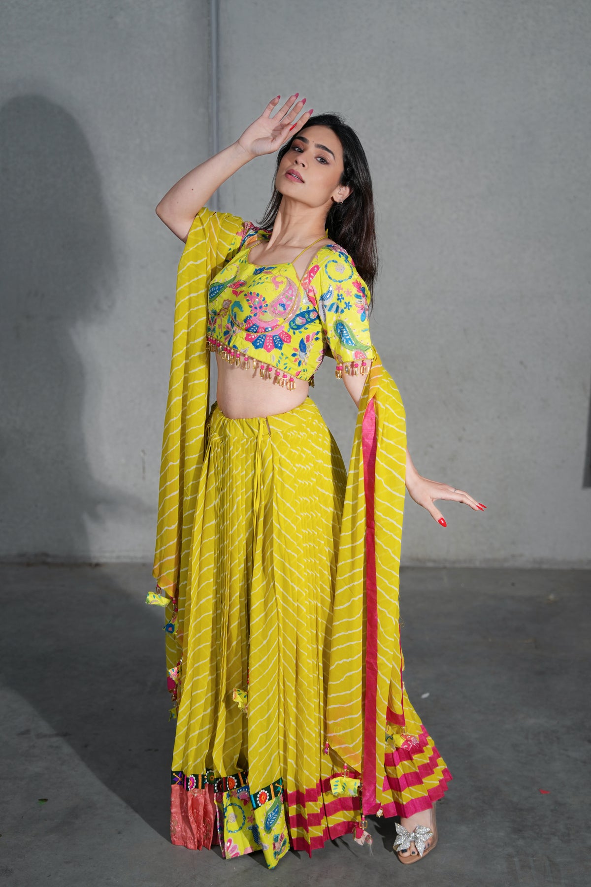 Yellow Striped Lehenga with Multicoloured Printed Blouse