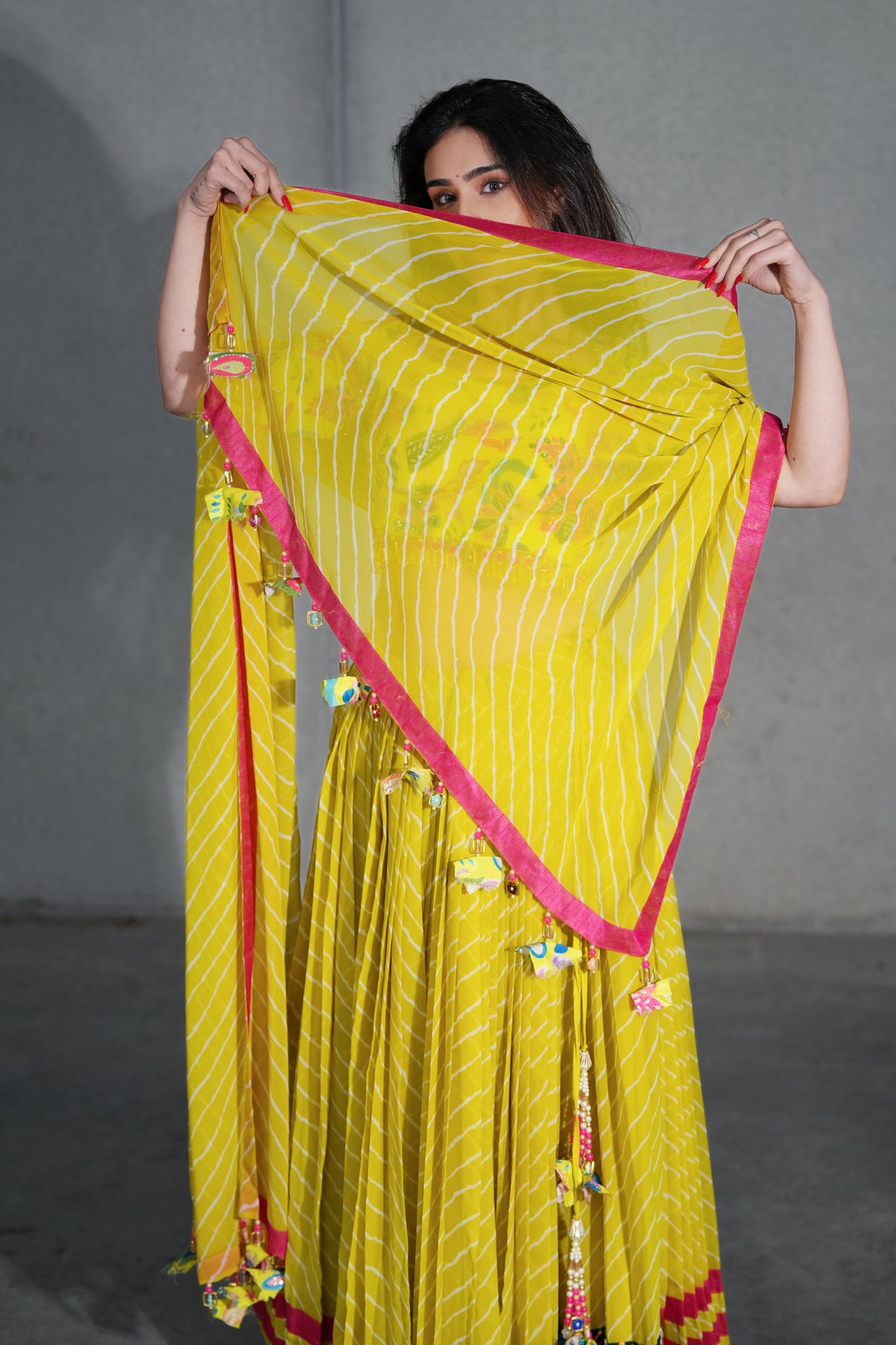 Yellow Striped Lehenga with Multicoloured Printed Blouse