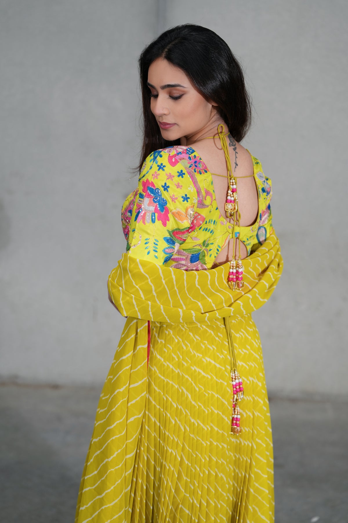 Yellow Striped Lehenga with Multicoloured Printed Blouse