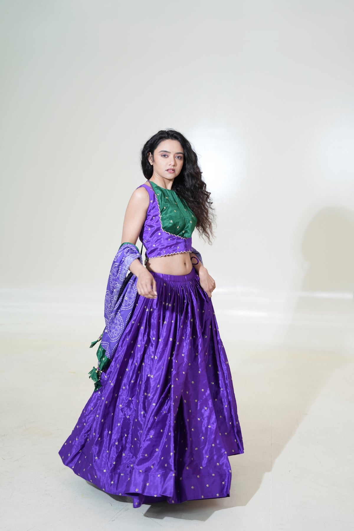 Purple & Emerald Green Lehenga with Printed Dupatta