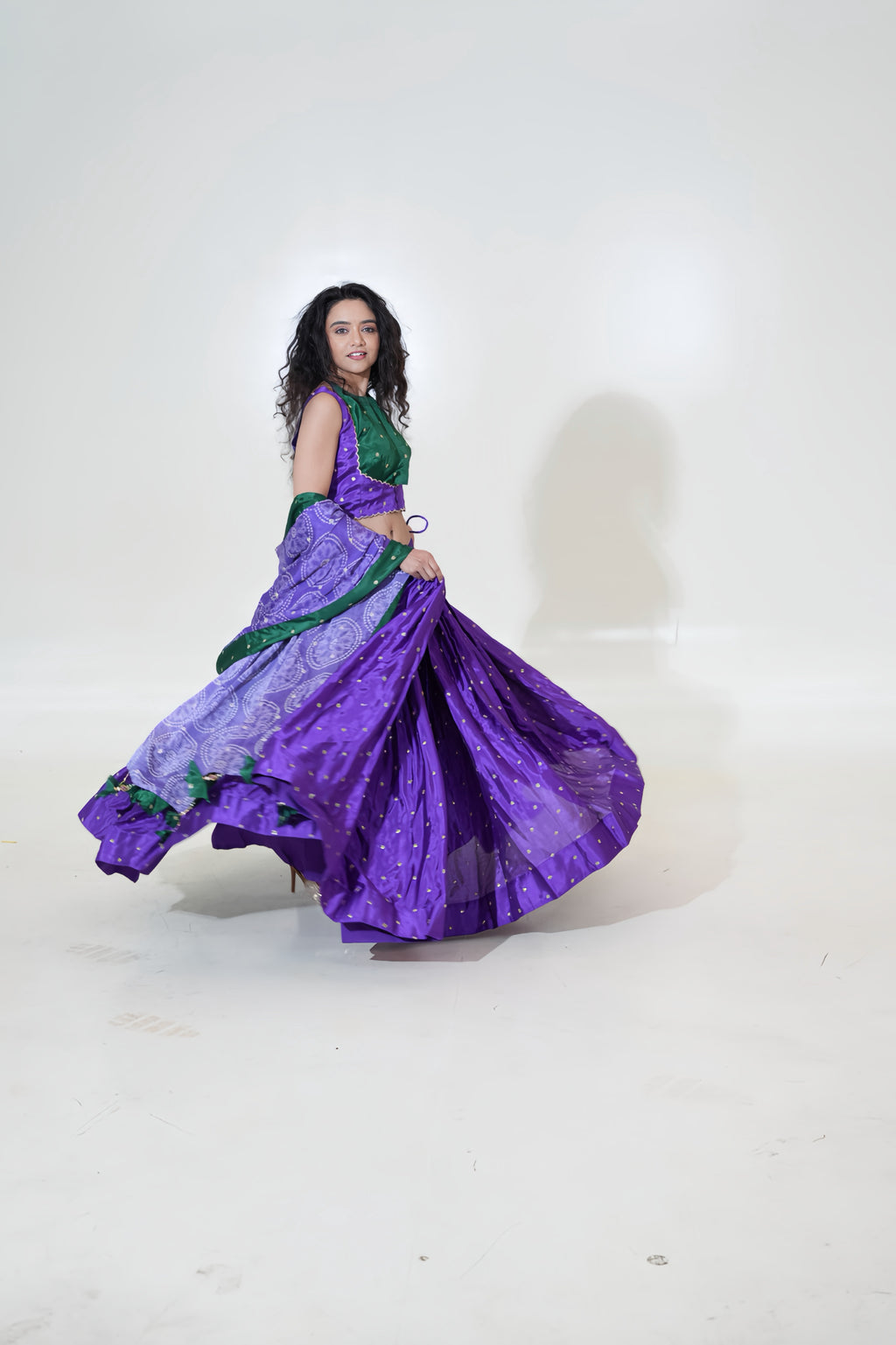 Purple & Emerald Green Lehenga with Printed Dupatta