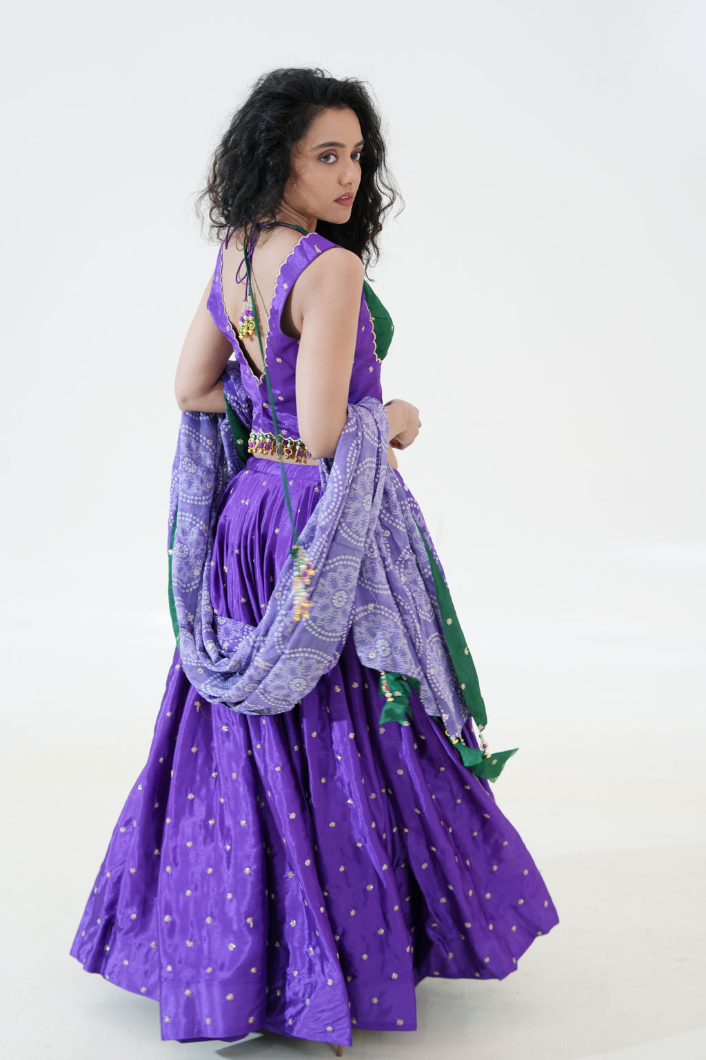 Purple & Emerald Green Lehenga with Printed Dupatta