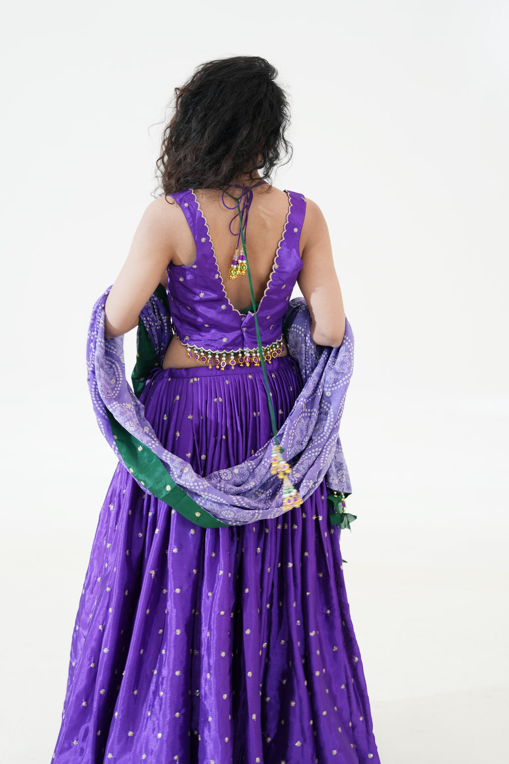 Purple & Emerald Green Lehenga with Printed Dupatta