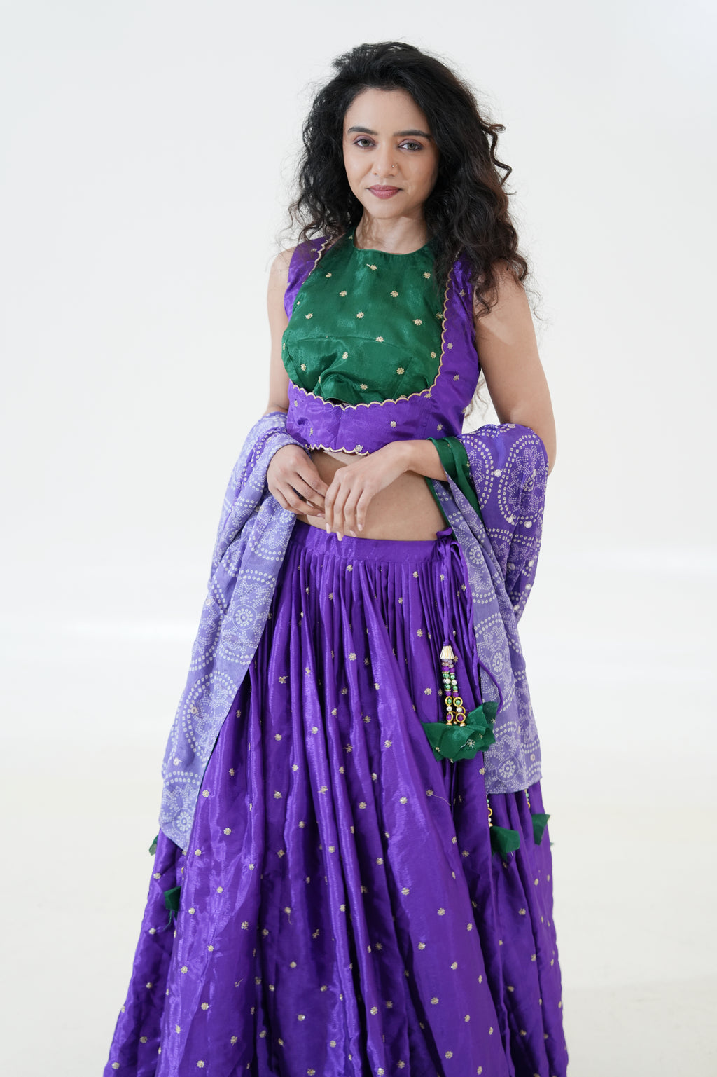 Purple & Emerald Green Lehenga with Printed Dupatta