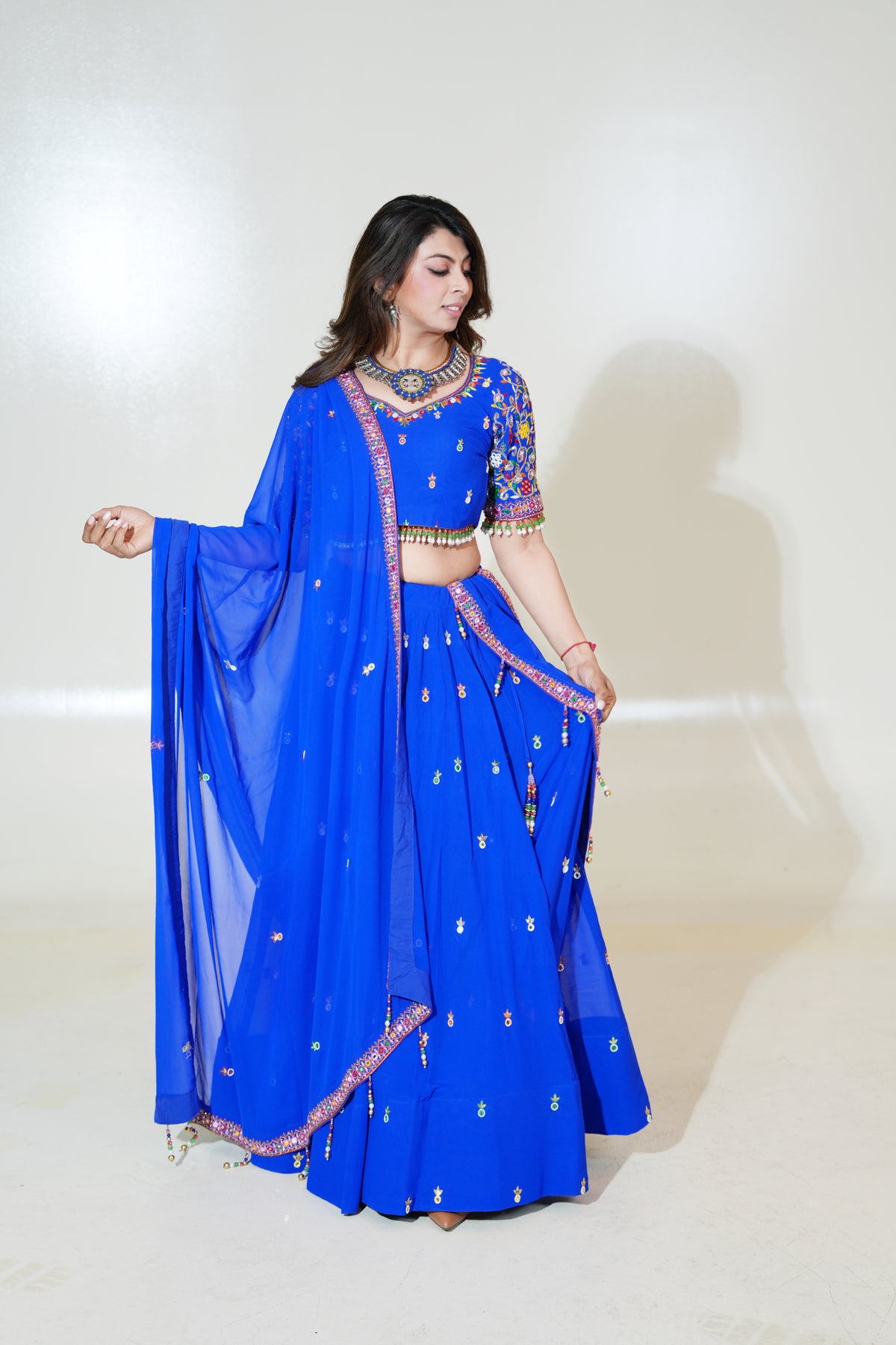 Royal Blue Lehenga with Colourful Sleeve Details
