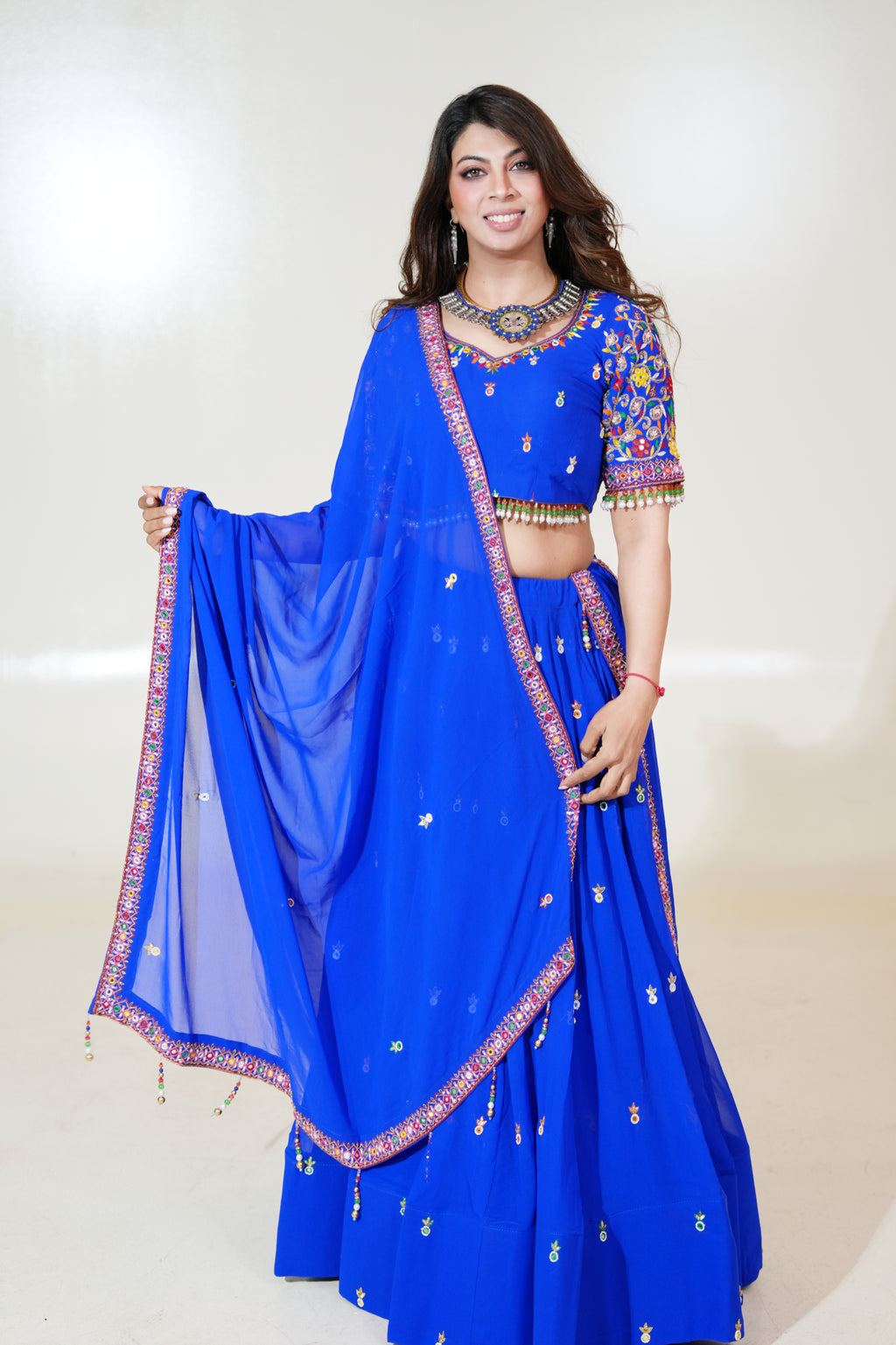 Royal Blue Lehenga with Colourful Sleeve Details