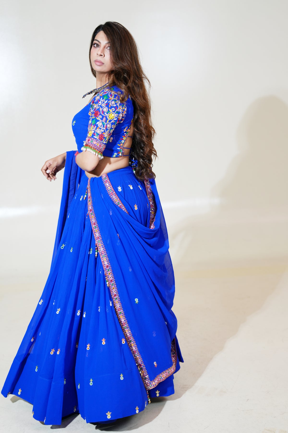 Royal Blue Lehenga with Colourful Sleeve Details