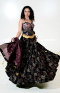 Black Floral Lehenga with Corset-Style Blouse & Plum Dupatta