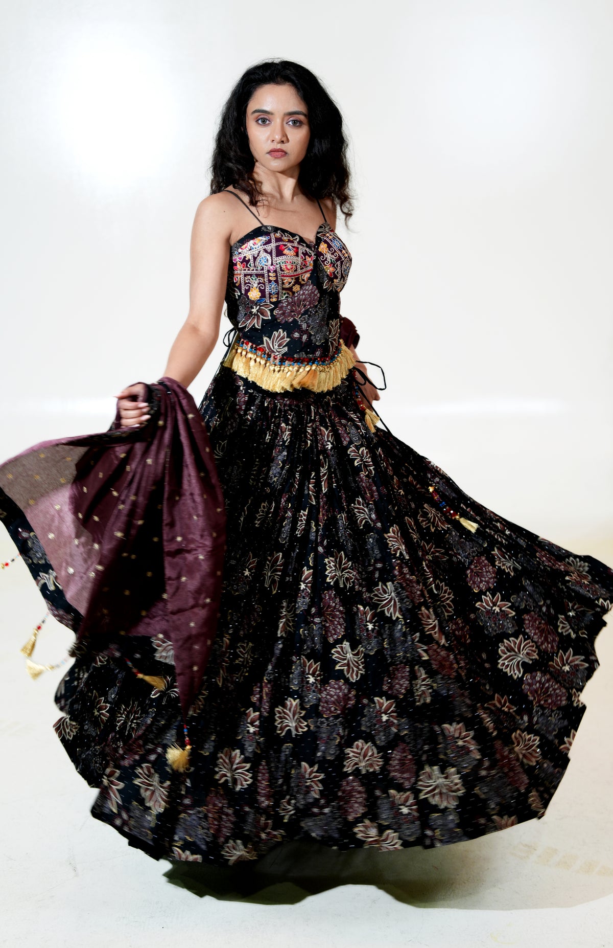 Black Floral Lehenga with Corset-Style Blouse & Plum Dupatta