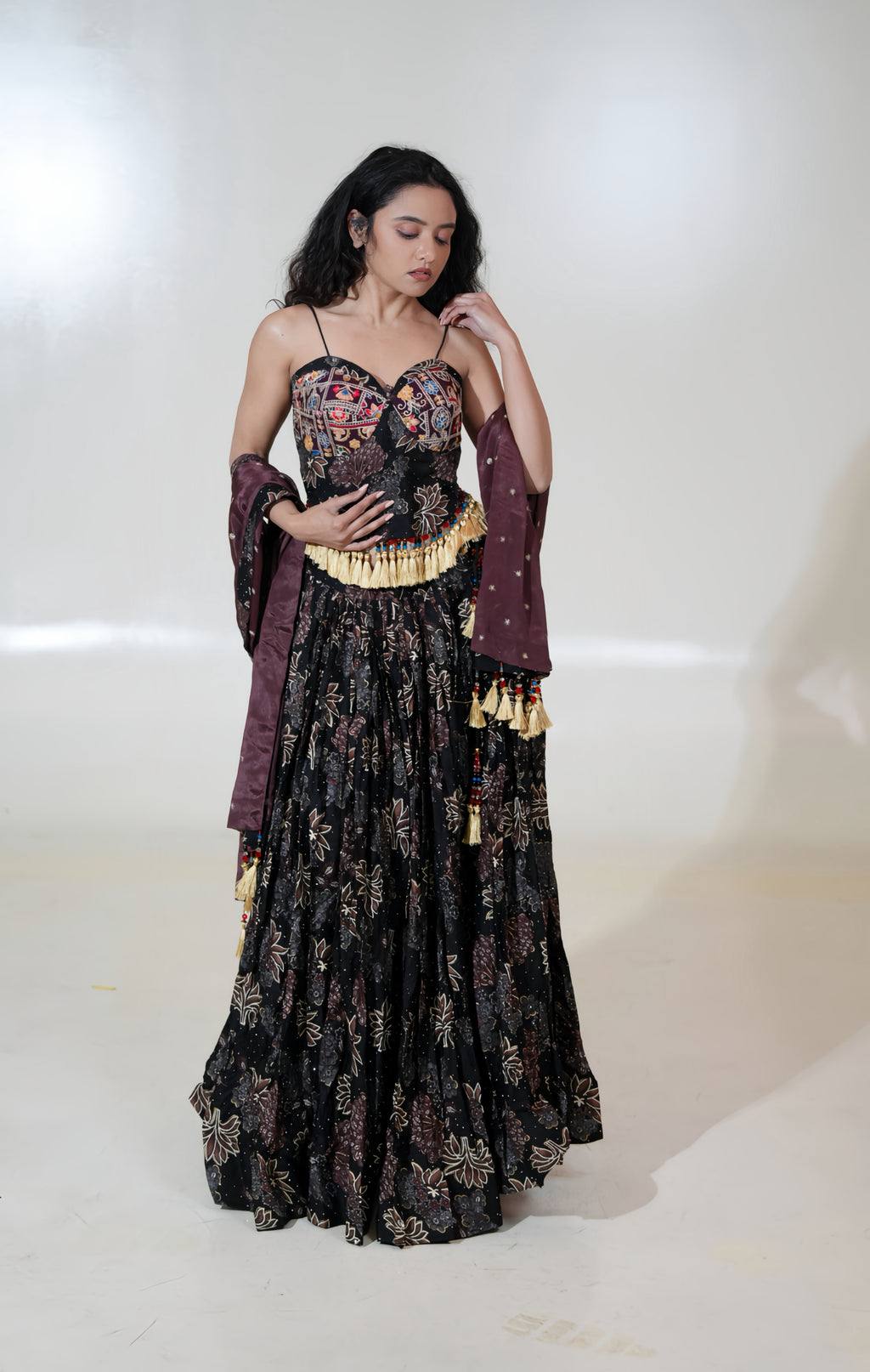 Black Floral Lehenga with Corset-Style Blouse & Plum Dupatta