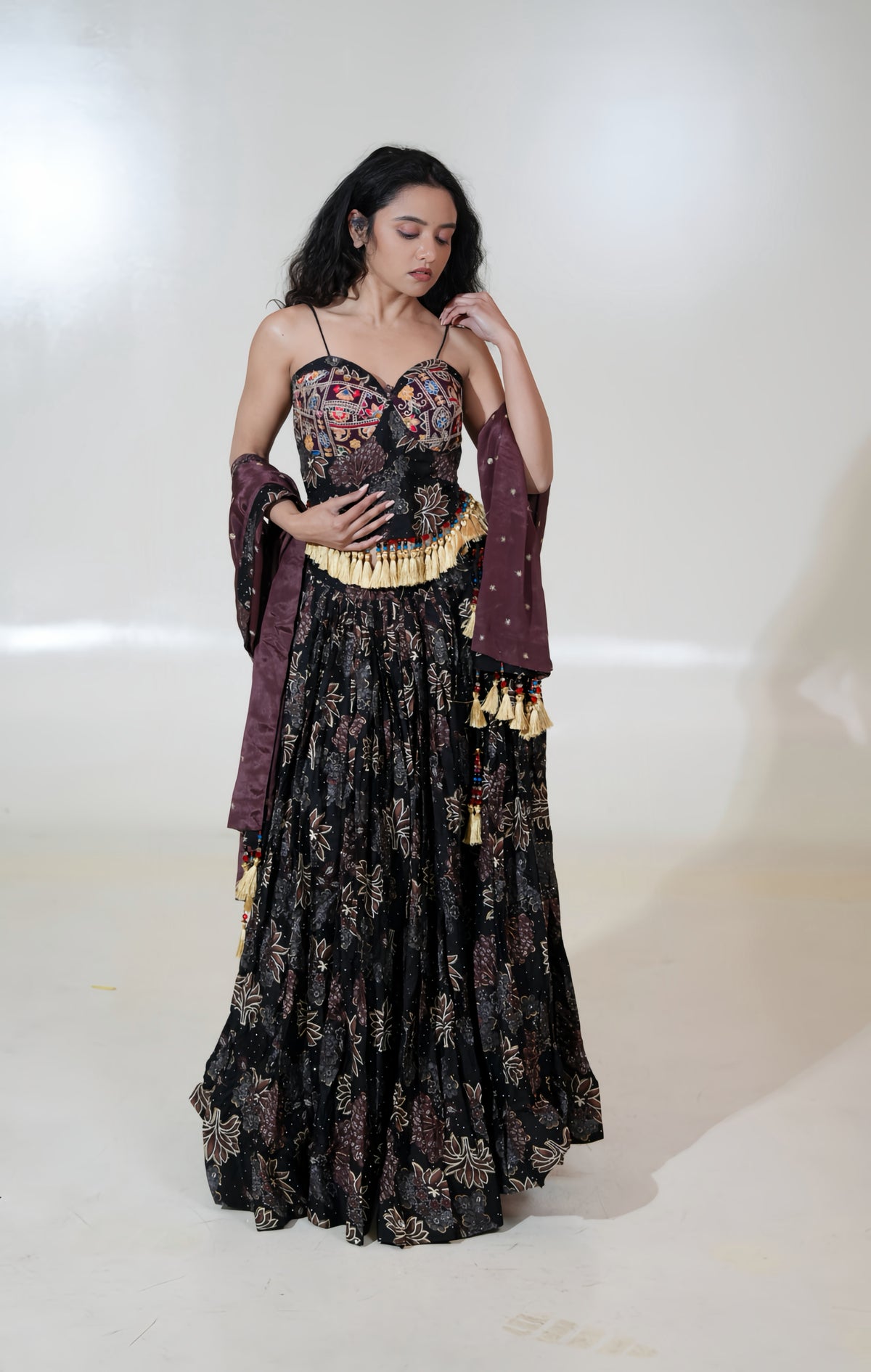 Black Floral Lehenga with Corset-Style Blouse & Plum Dupatta