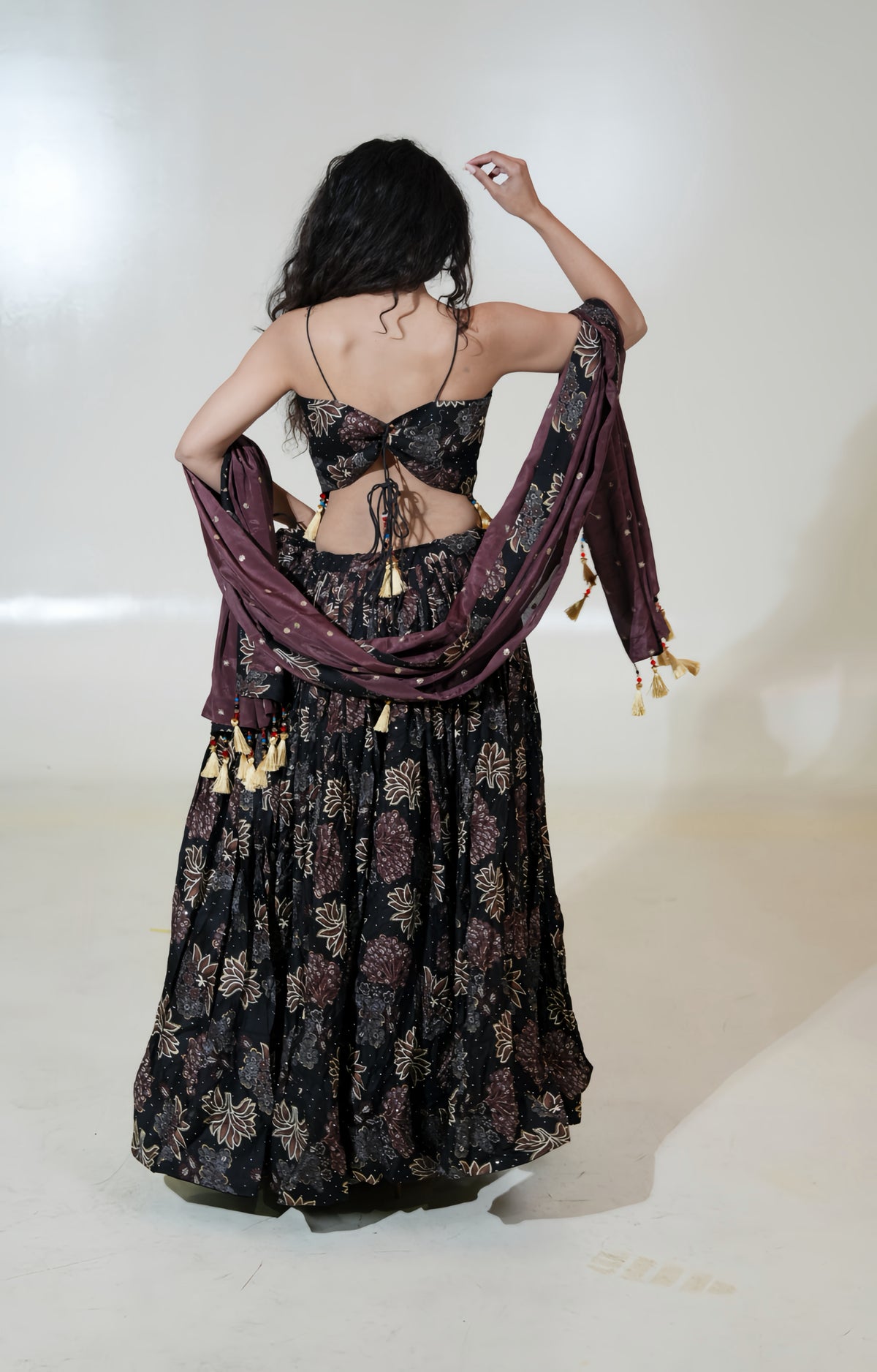 Black Floral Lehenga with Corset-Style Blouse & Plum Dupatta