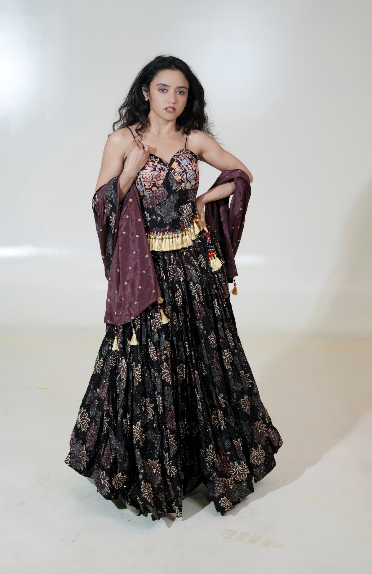 Black Floral Lehenga with Corset-Style Blouse & Plum Dupatta