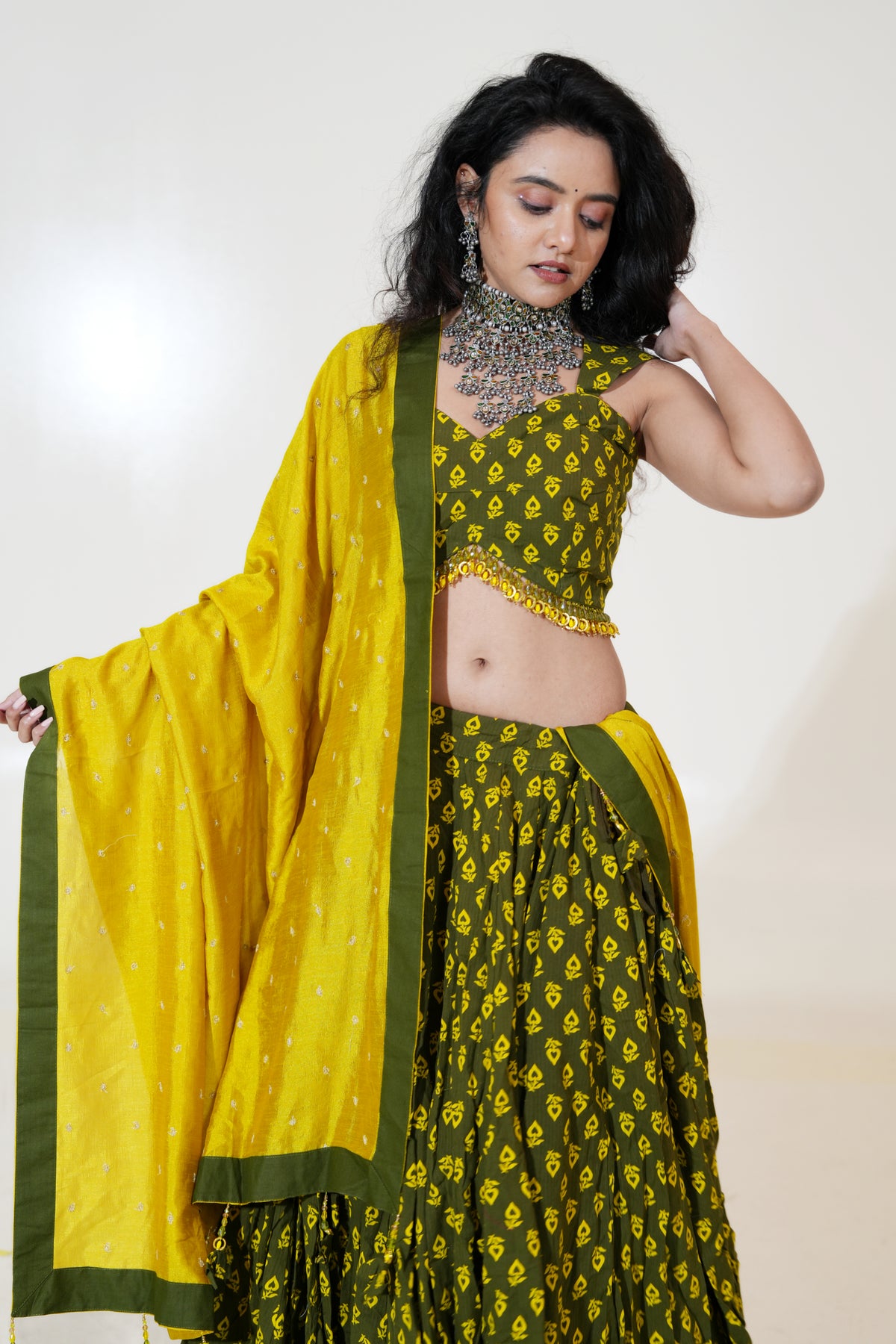 Olive Green Printed Lehenga with Mustard Dupatta