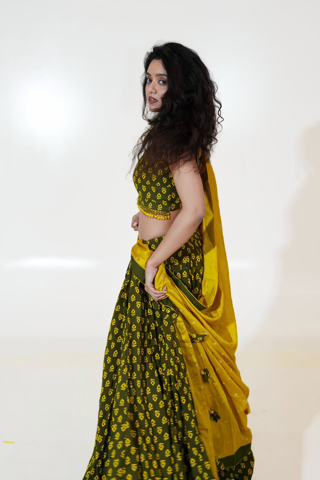 Olive Green Printed Lehenga with Mustard Dupatta