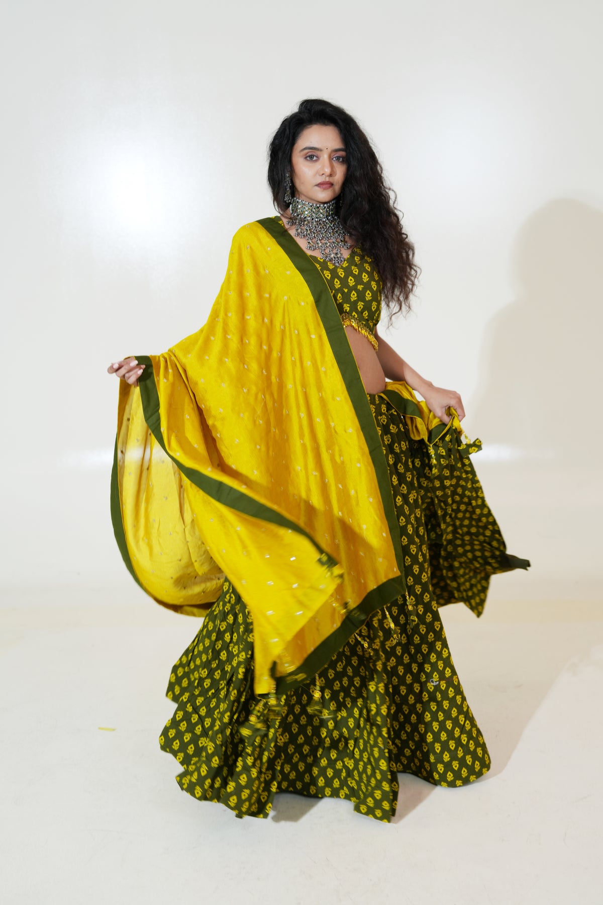 Olive Green Printed Lehenga with Mustard Dupatta