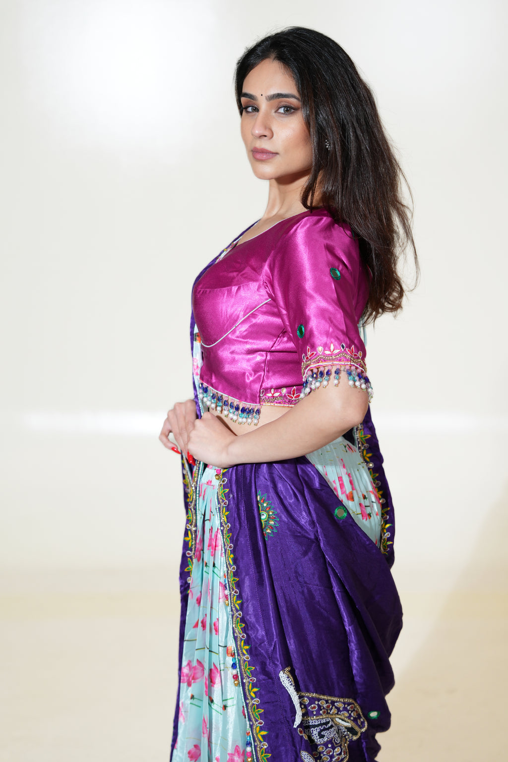 Aqua Floral Lehenga with Fuchsia Blouse & Purple Dupatta