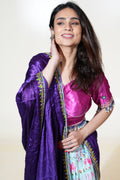 Aqua Floral Lehenga with Fuchsia Blouse & Purple Dupatta