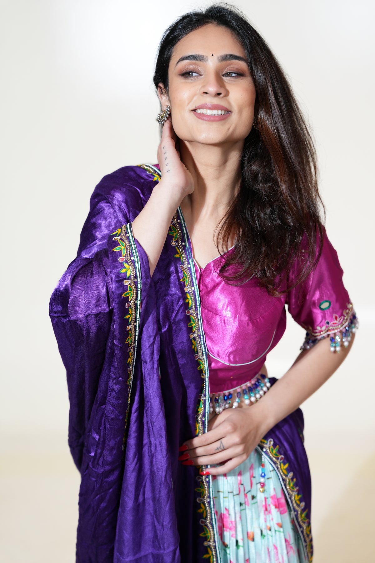 Aqua Floral Lehenga with Fuchsia Blouse & Purple Dupatta