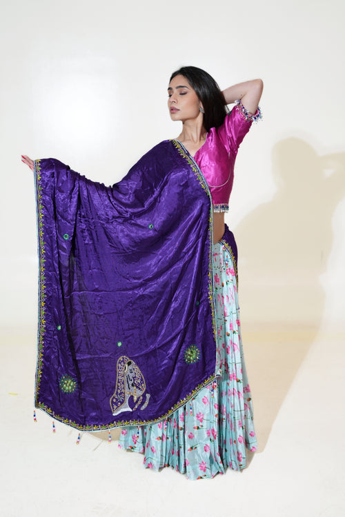 Aqua Floral Lehenga with Fuchsia Blouse & Purple Dupatta