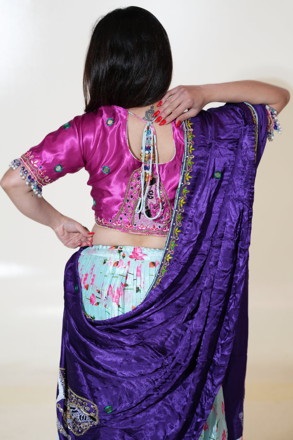 Aqua Floral Lehenga with Fuchsia Blouse & Purple Dupatta