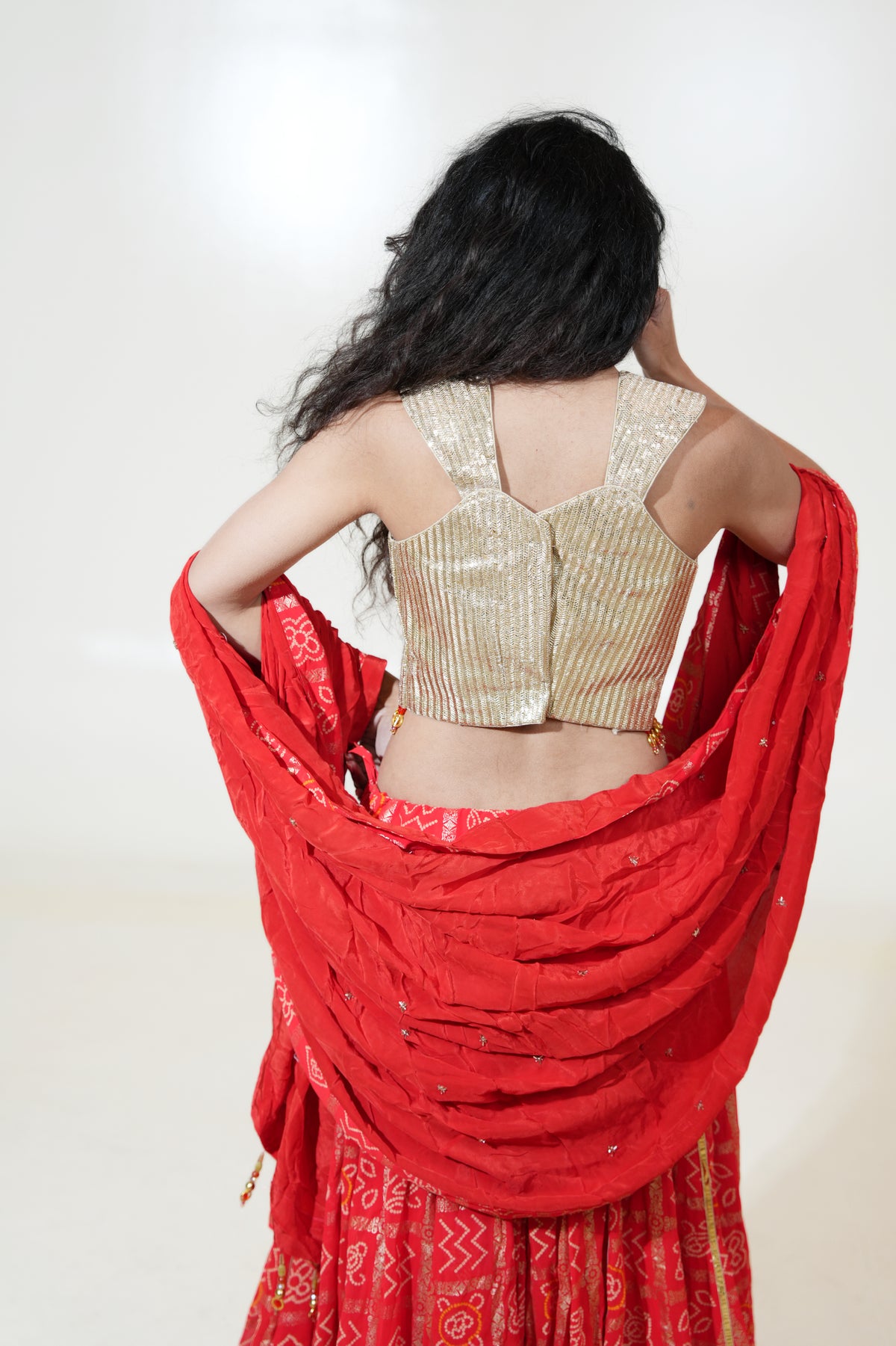 Red Printed Lehenga with Gold-Toned Blouse