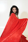 Red Printed Lehenga with Gold-Toned Blouse